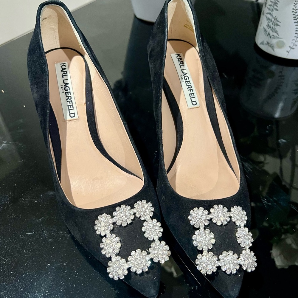 Karl Lagerfeld Black Suede Pointed Toe Pumps with Crystal Floral Buckles